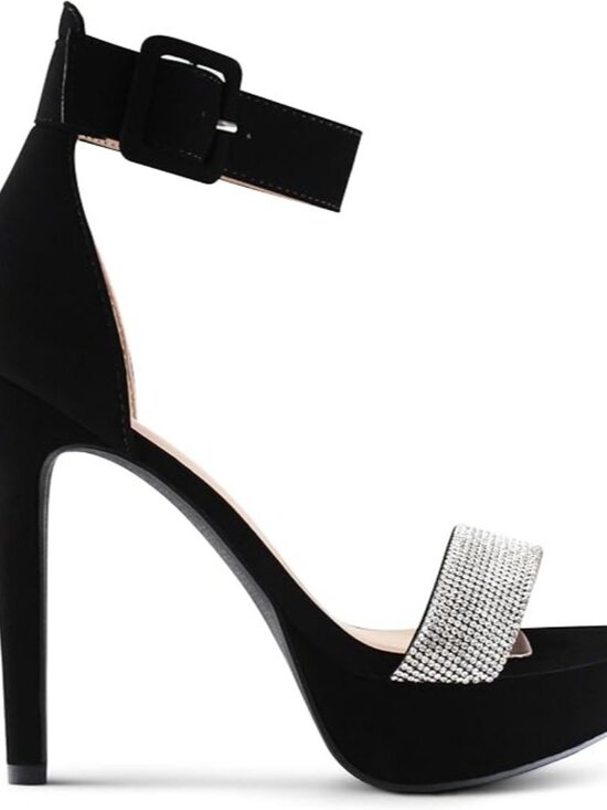 Black Ankle Strap High Heel Sandals With Rhinestone Toe Band Size 7.5. - Picture 1 of 8